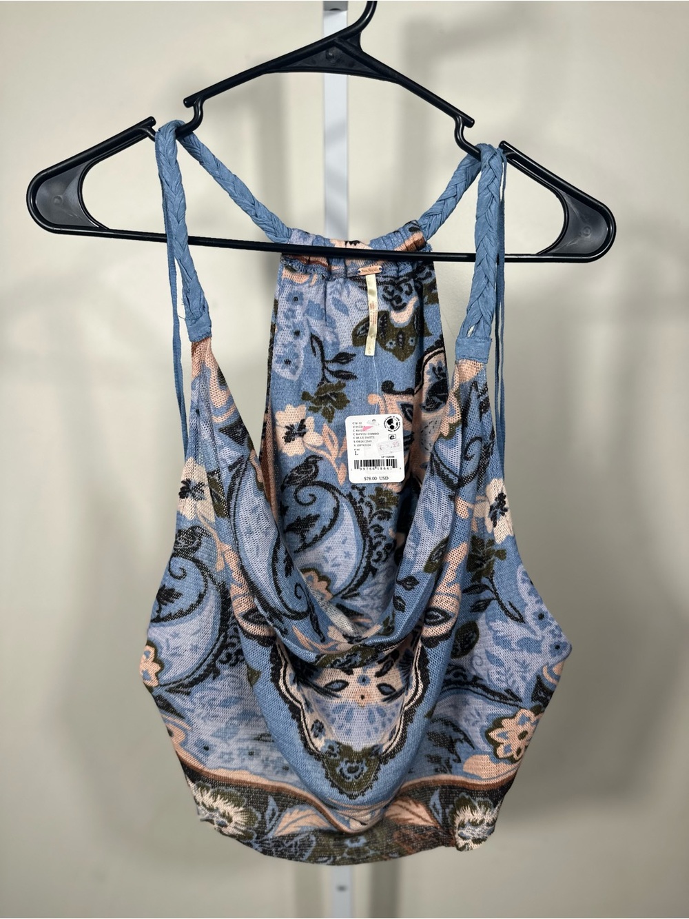 H3. Free People NWT Bayou Combo Blue Floral Paisley Draped Halter Top